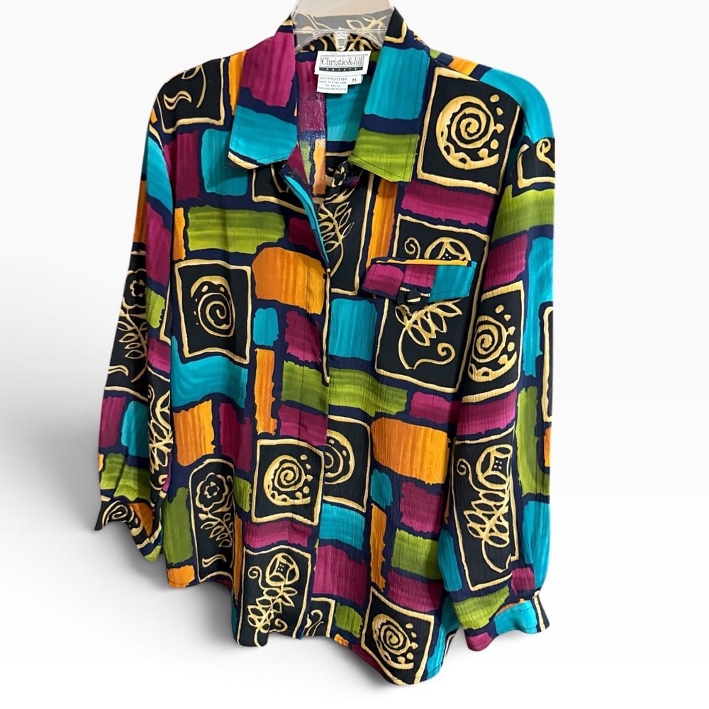 Christie & Jill Button Down Women M Multicolor Abstract Vintage Art To Wear Top